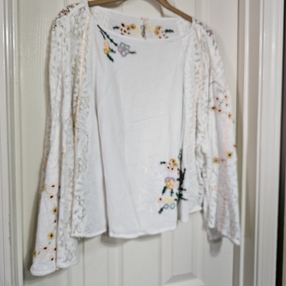 Free People Cream Floral Embroidered Blouse